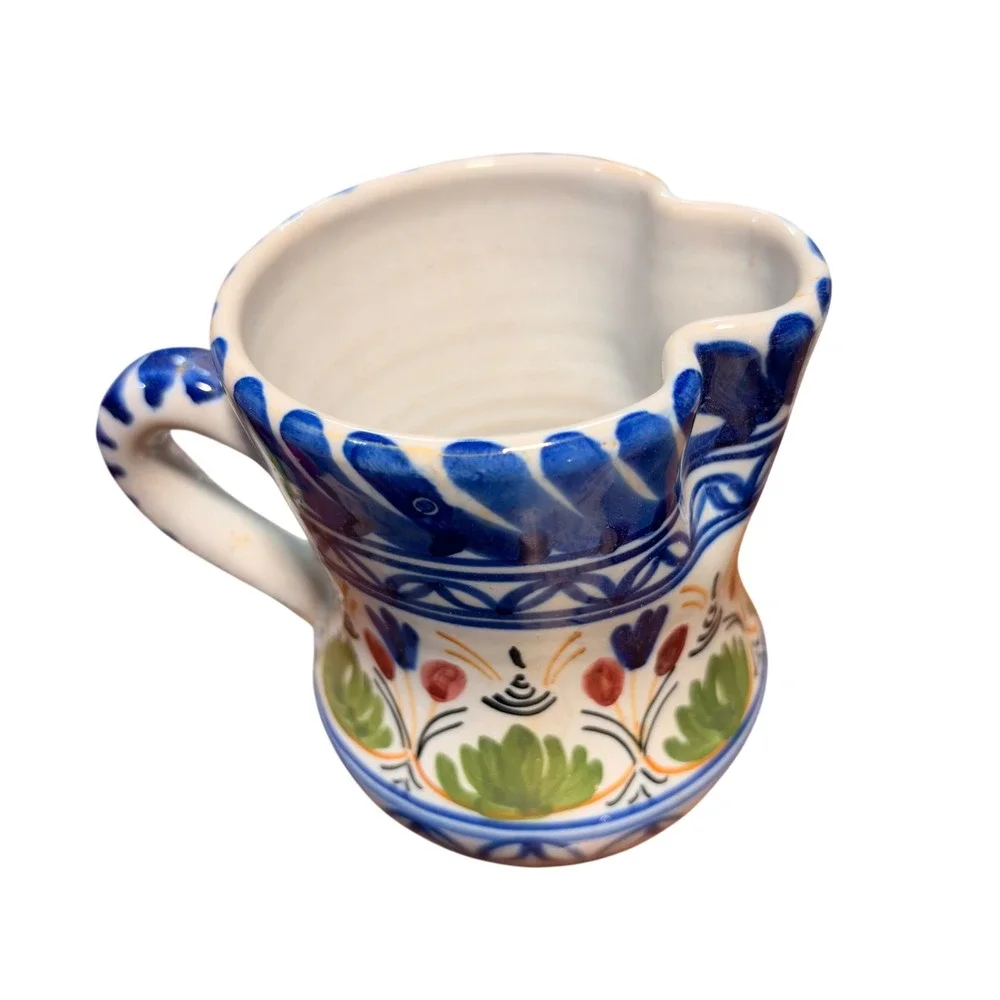 Hand Painted Folk Art Ceramic Pitcher Blue Floral Creamer Small Milk Jug Signed